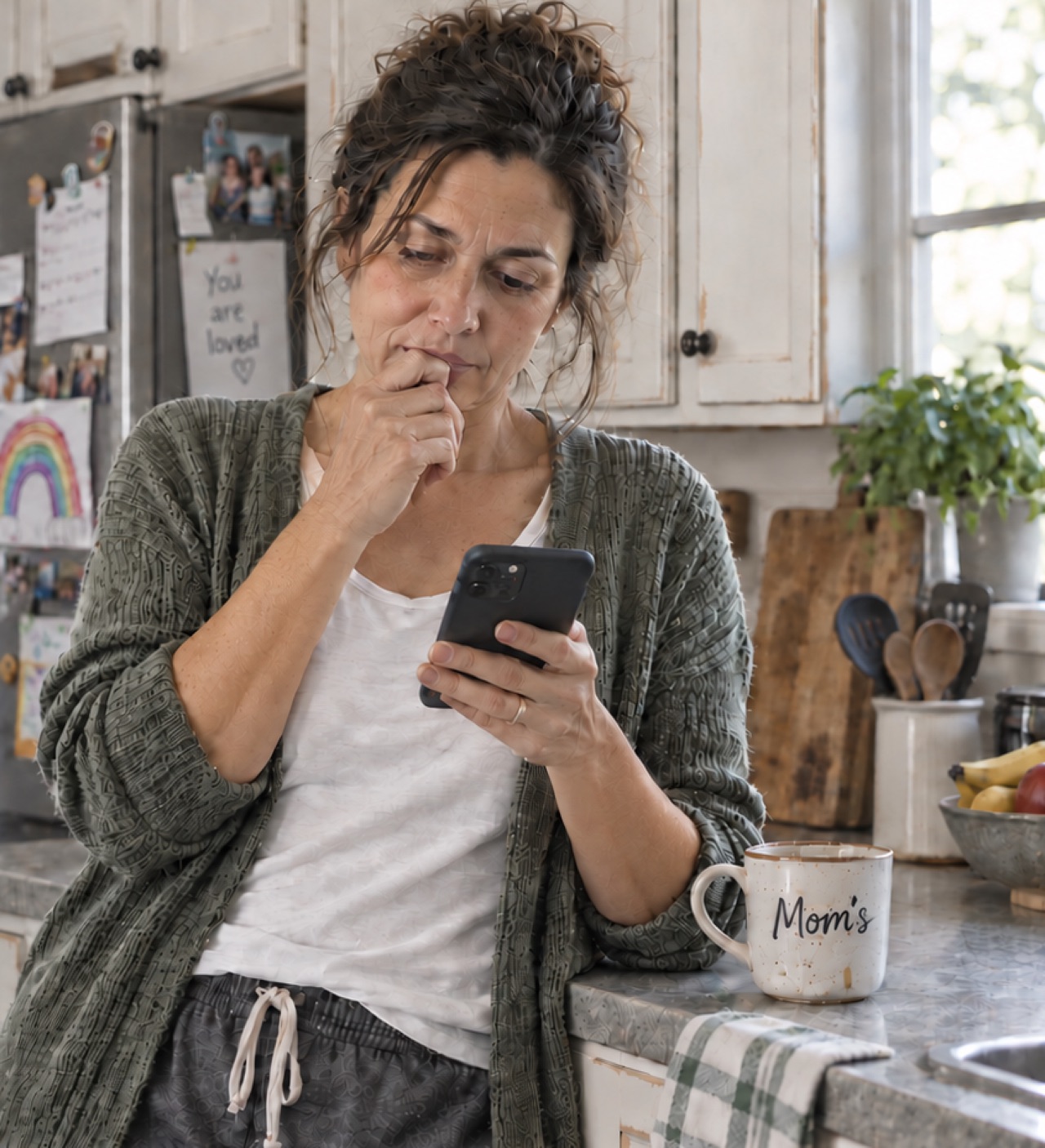 A woman in her kitchen thoughtfully reading her phone